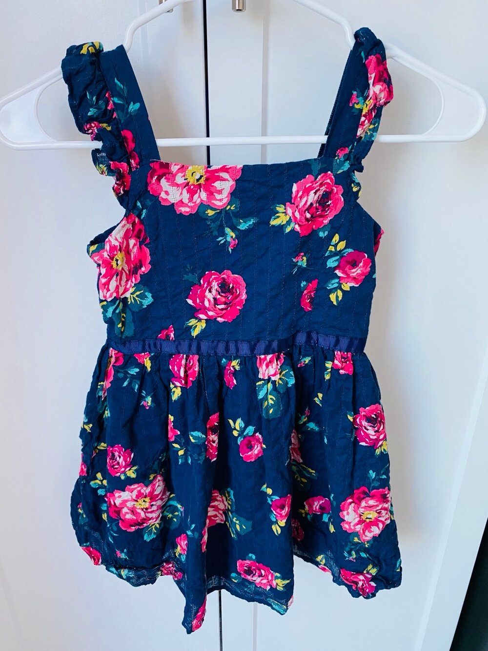 Zunie small Girls Navy 6/6x Blue Floral Print Dress with Ruffle Sleeves
